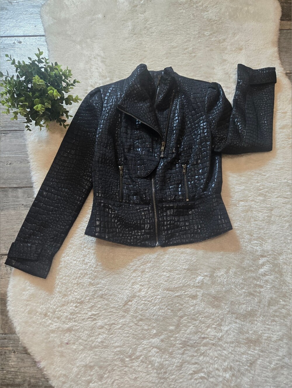 Worthington Black Croc Embossed Biker Whimsigoth Mobwife Edgy Moto Jacket, S